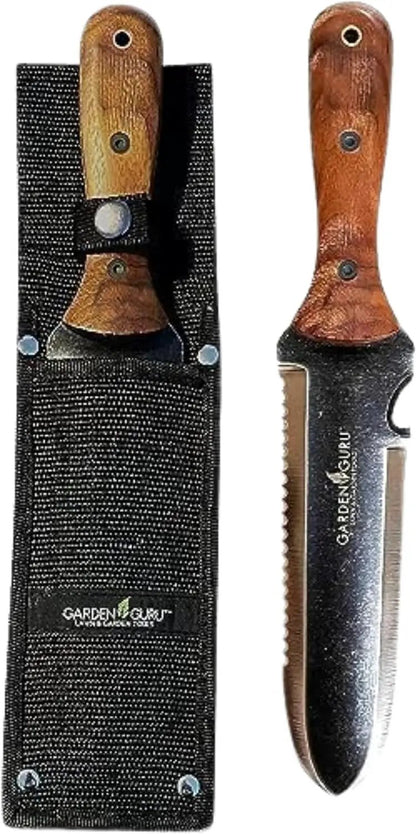Vintage Hori Hori garden knife with walnut handle and serrated blade, Garden Guru with sheath on Tampa Home & Garden Store