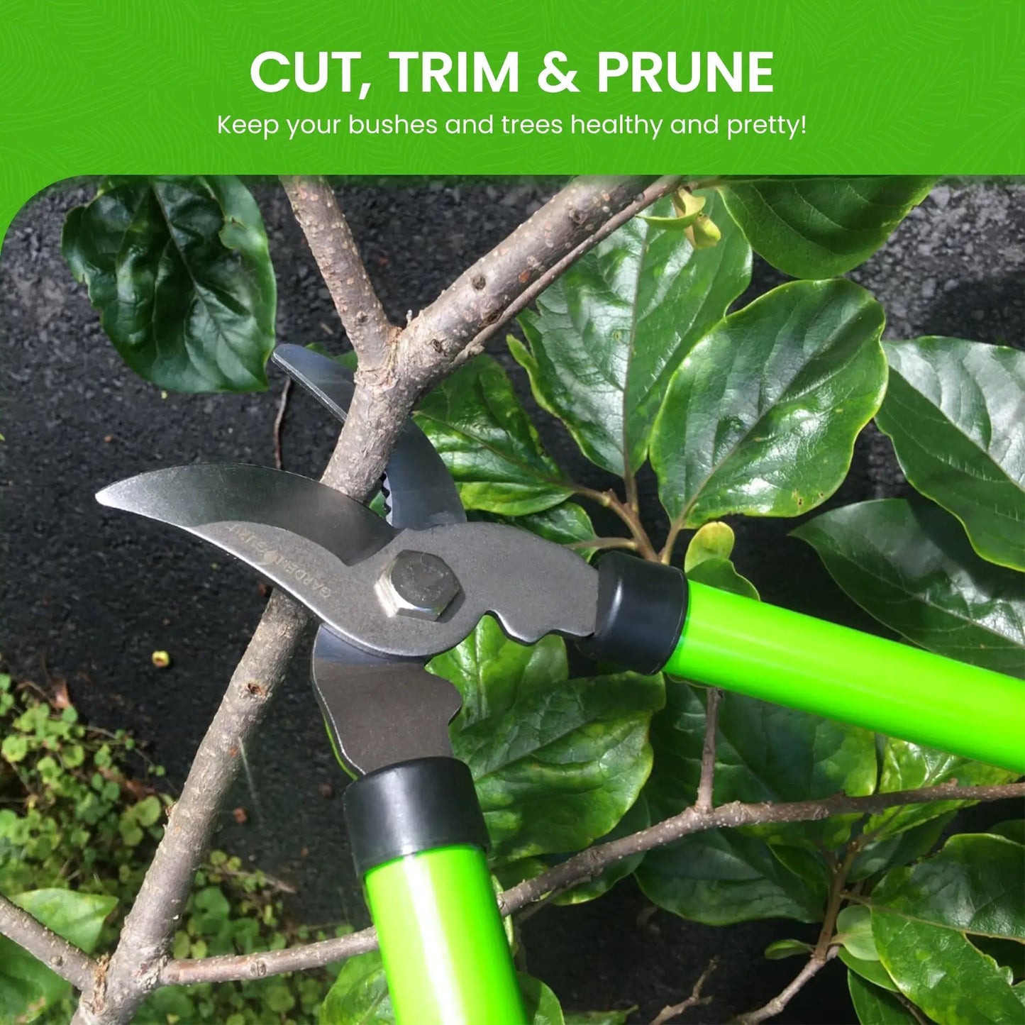 Garden Guru 15-inch bypass pruners with bright green handles cutting a small branch on Tampa Home & Garden Store