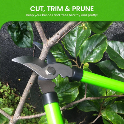 Garden Guru 15-inch bypass pruners with bright green handles cutting a small branch on Tampa Home & Garden Store