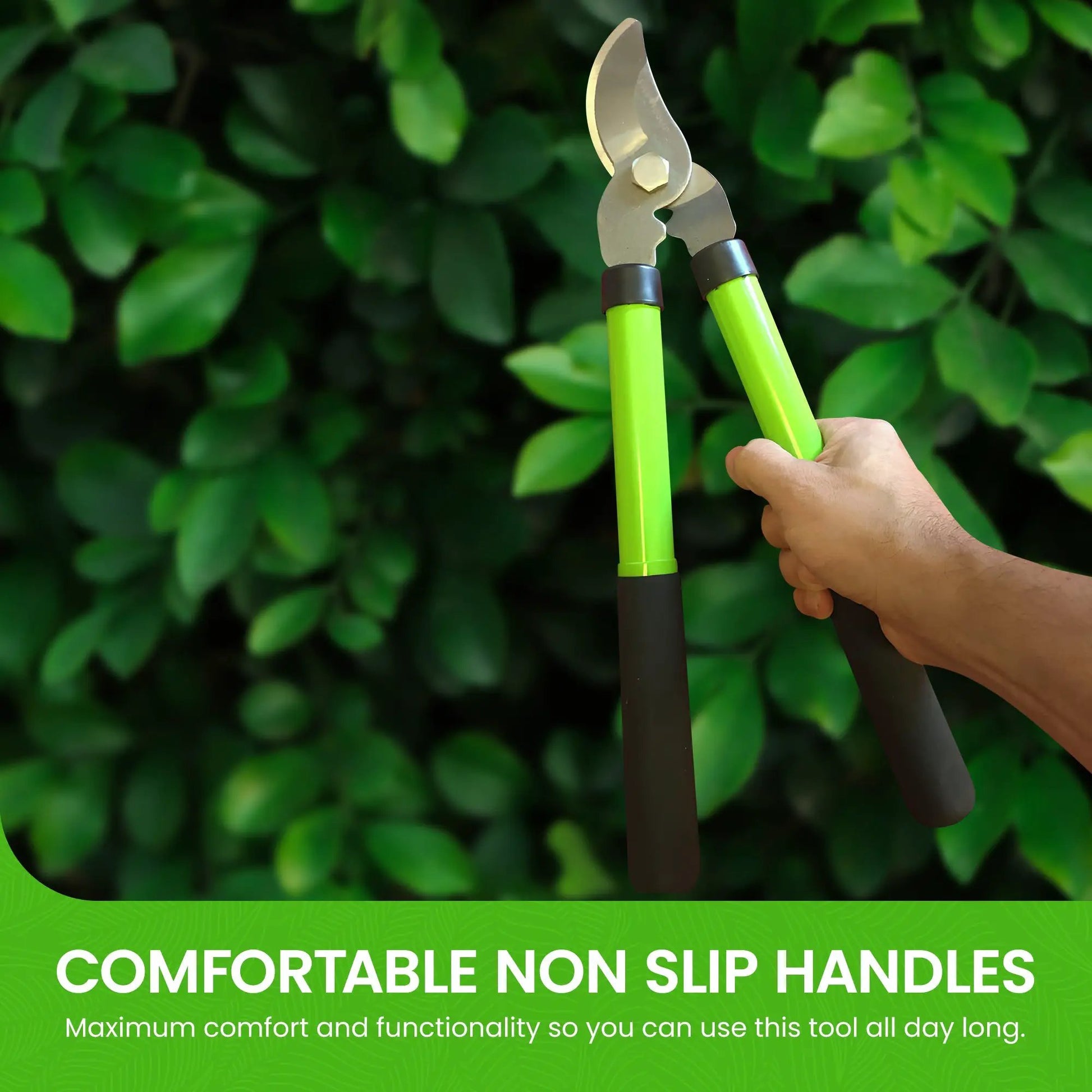 Garden Bypass Loppers by Garden Guru lime green handles and steel blades against leafy backdrop on Tampa Home & Garden Store