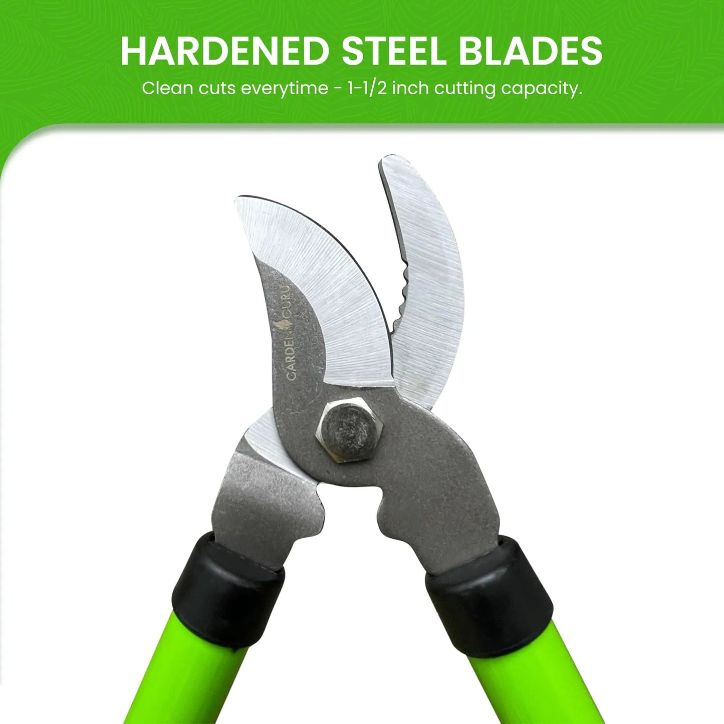 Garden Guru bypass pruning shears with bright green handles and hardened steel blades on Tampa Home & Garden Store