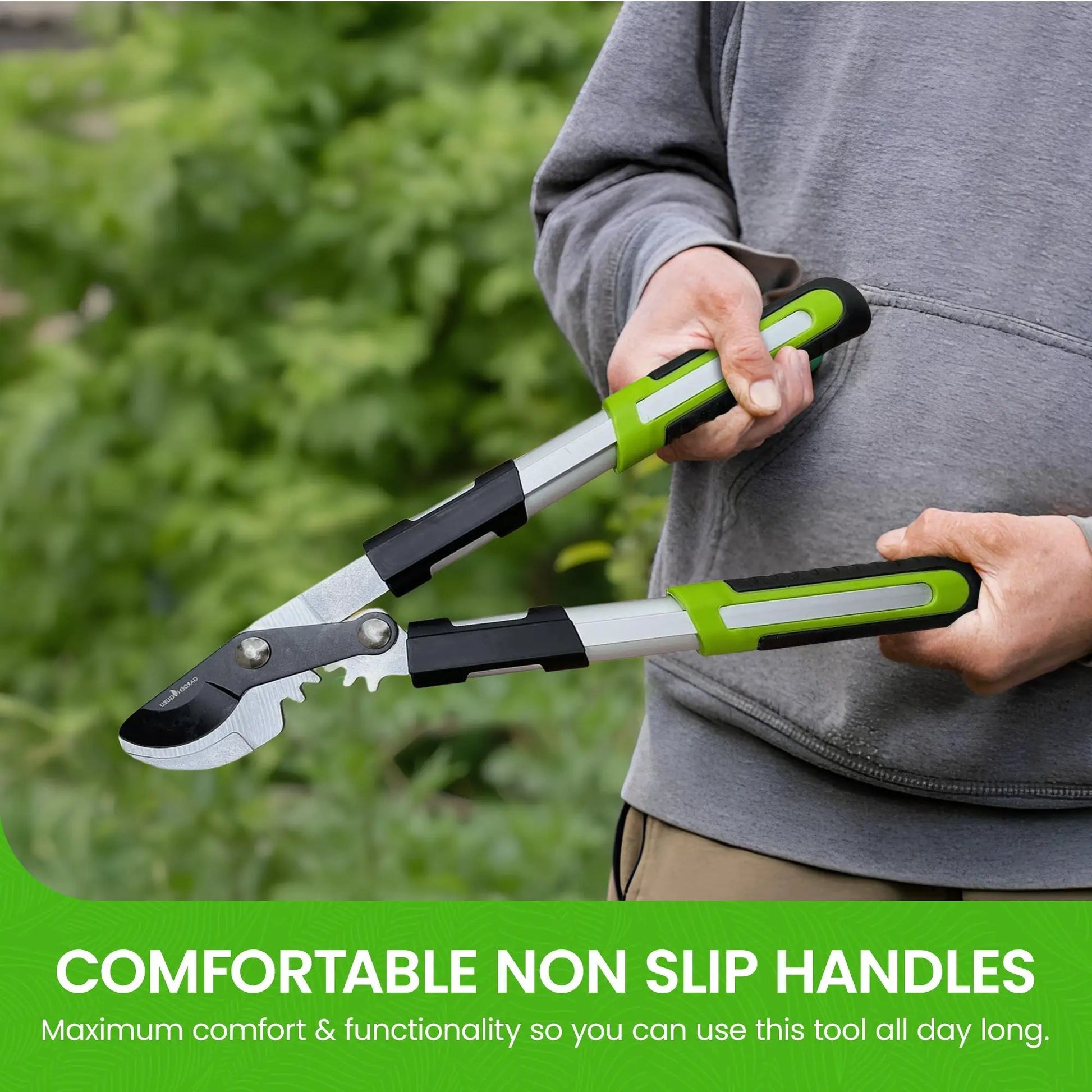 Power Bypass Gardening Loppers green and silver handles by Garden Guru pruners for tree trimming on Tampa Home & Garden Store