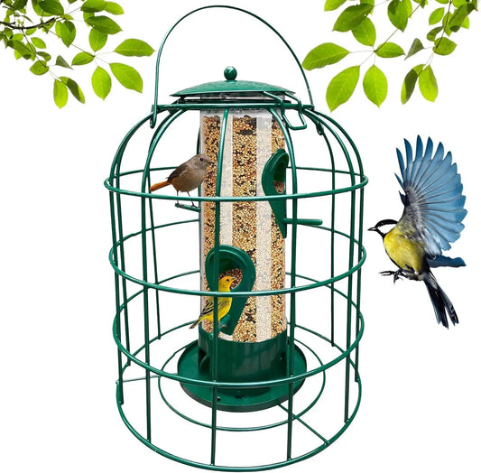 Squirrel Proof Tube Bird Feeder with 4 Perches, green metal cage, Garden Guru brand on Tampa Home & Garden Store
