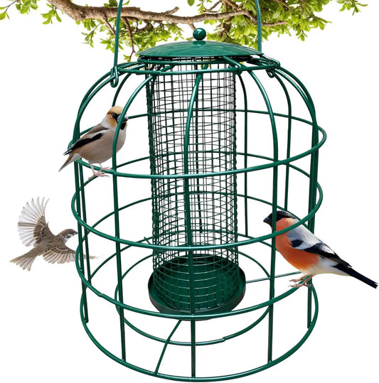 Squirrel Resistant Mesh Tube Bird Feeder Garden Guru, green cage with inner mesh cylinder on Tampa Home & Garden Store