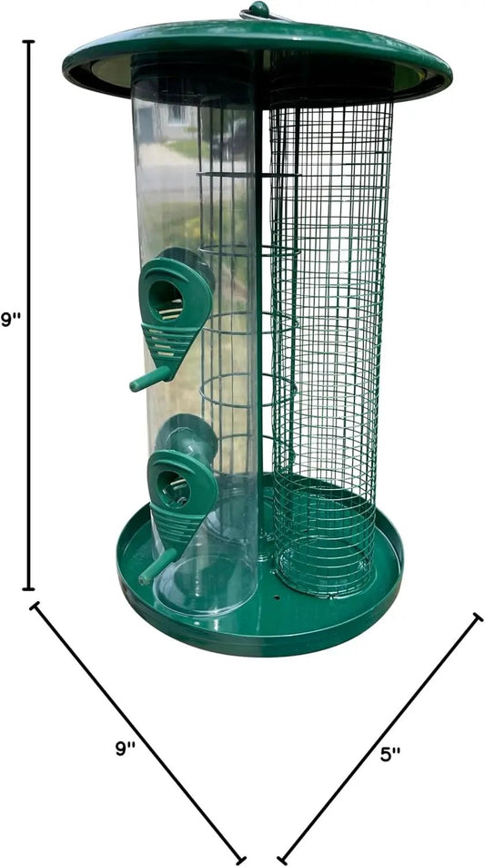 Garden Guru 3-in-1 tube bird feeder in green with clear tube, dual ports, and wire cage on Tampa Home & Garden Store