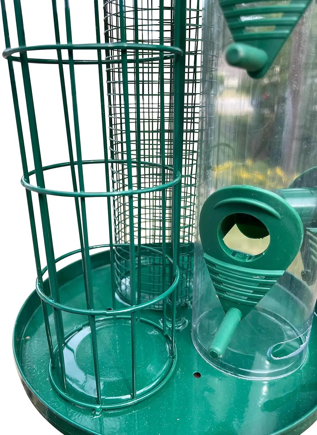 Garden Guru 3-in-1 outdoor tube bird feeder, green metal wire frame with seed tube and ports on Tampa Home & Garden Store
