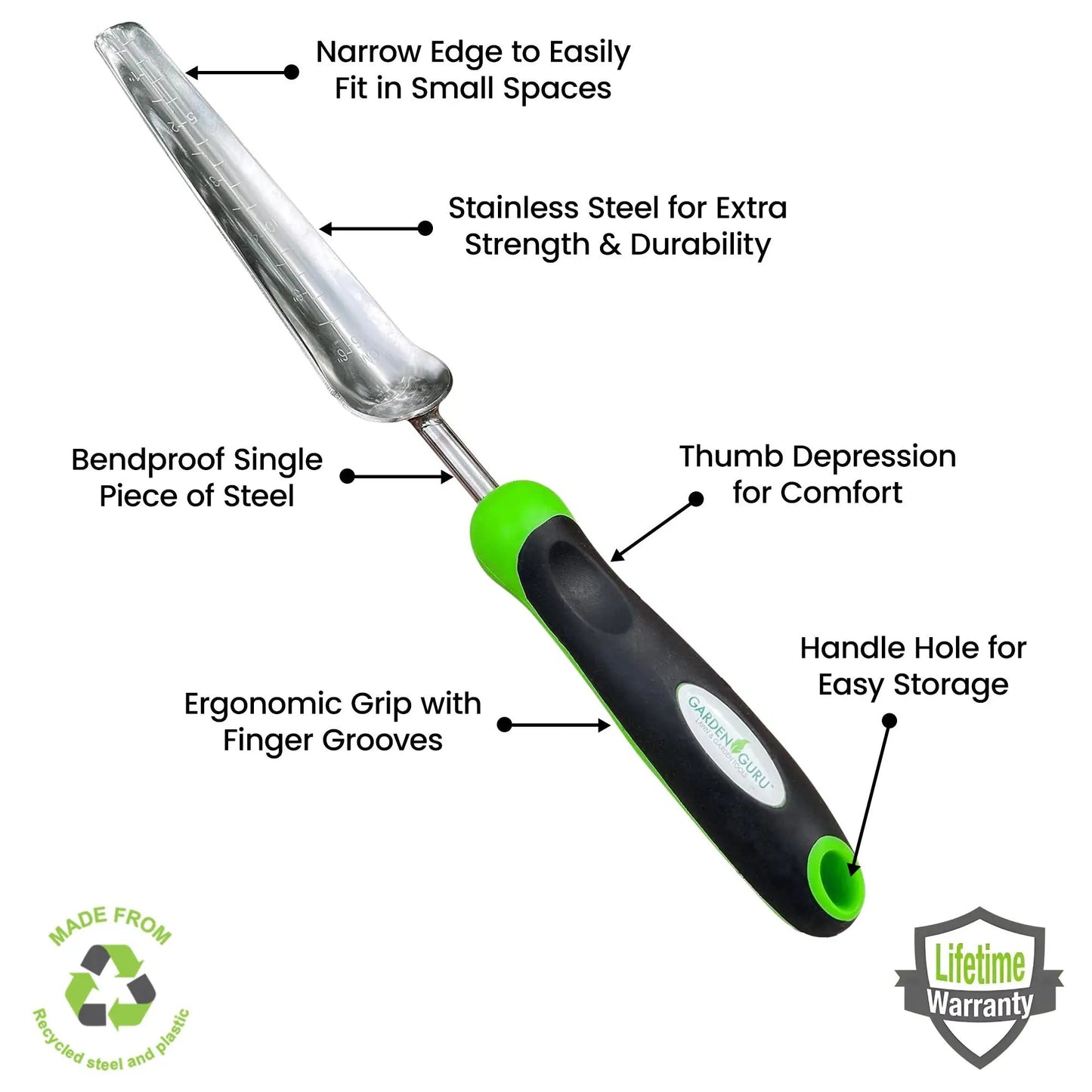 Garden Guru Seed Planting Trowel stainless steel blade and ergonomic green/black handle on Tampa Home & Garden Store