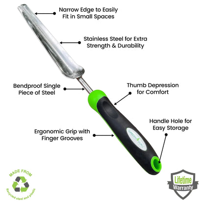 Garden Guru Seed Planting Trowel stainless steel blade and ergonomic green/black handle on Tampa Home & Garden Store