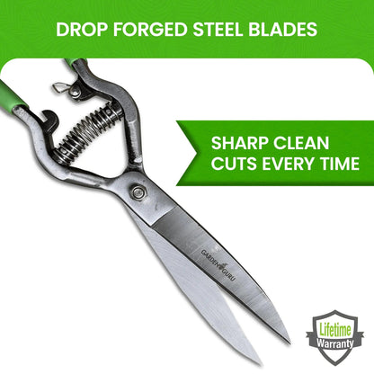 Garden Guru Hand Grass Pruners with green handles and drop forged steel blades on Tampa Home & Garden Store