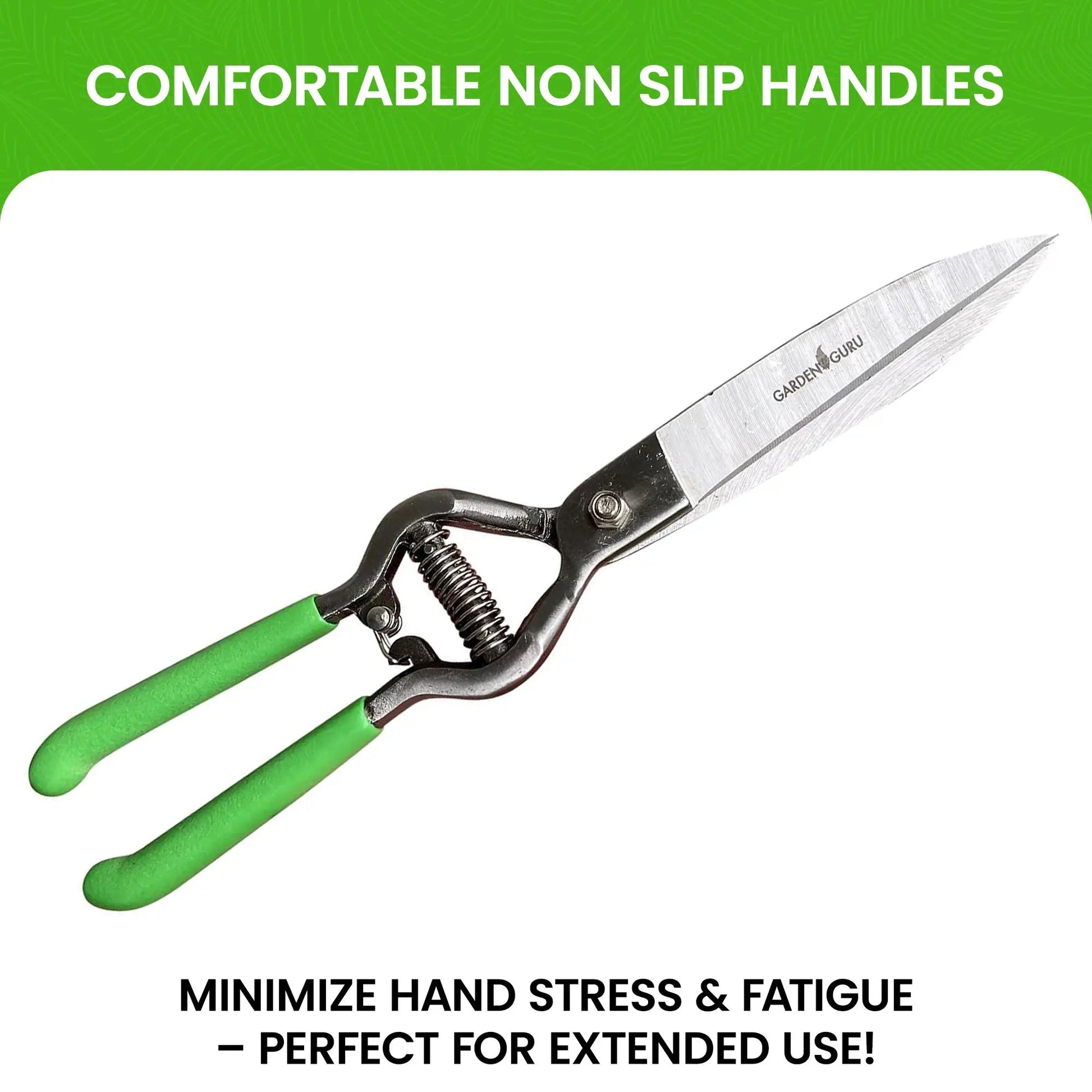 Garden Guru Pruners with green non-slip handles and steel blade on Tampa Home & Garden Store