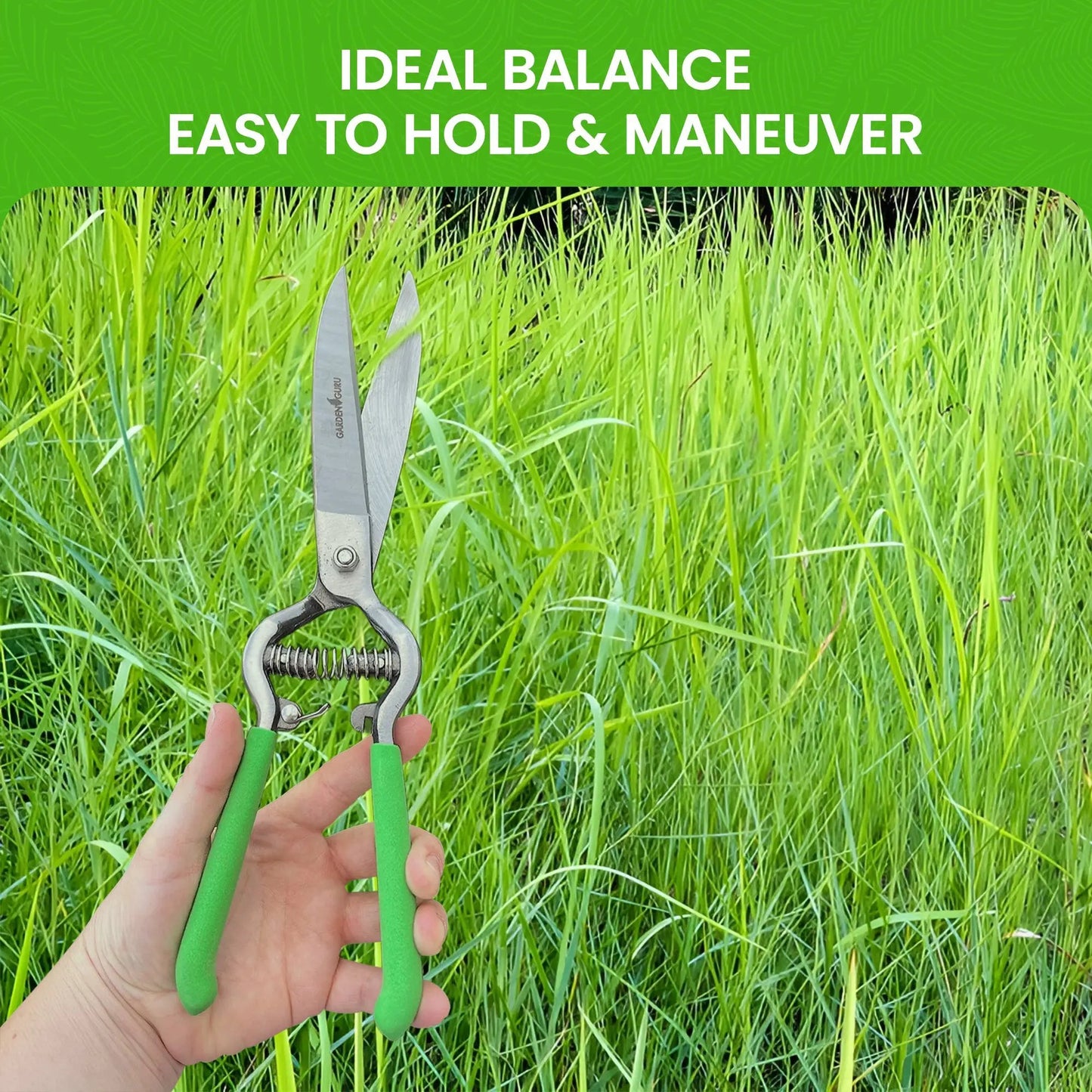 Garden Guru pruners with bright green handles and metal blades in tall grass on Tampa Home & Garden Store