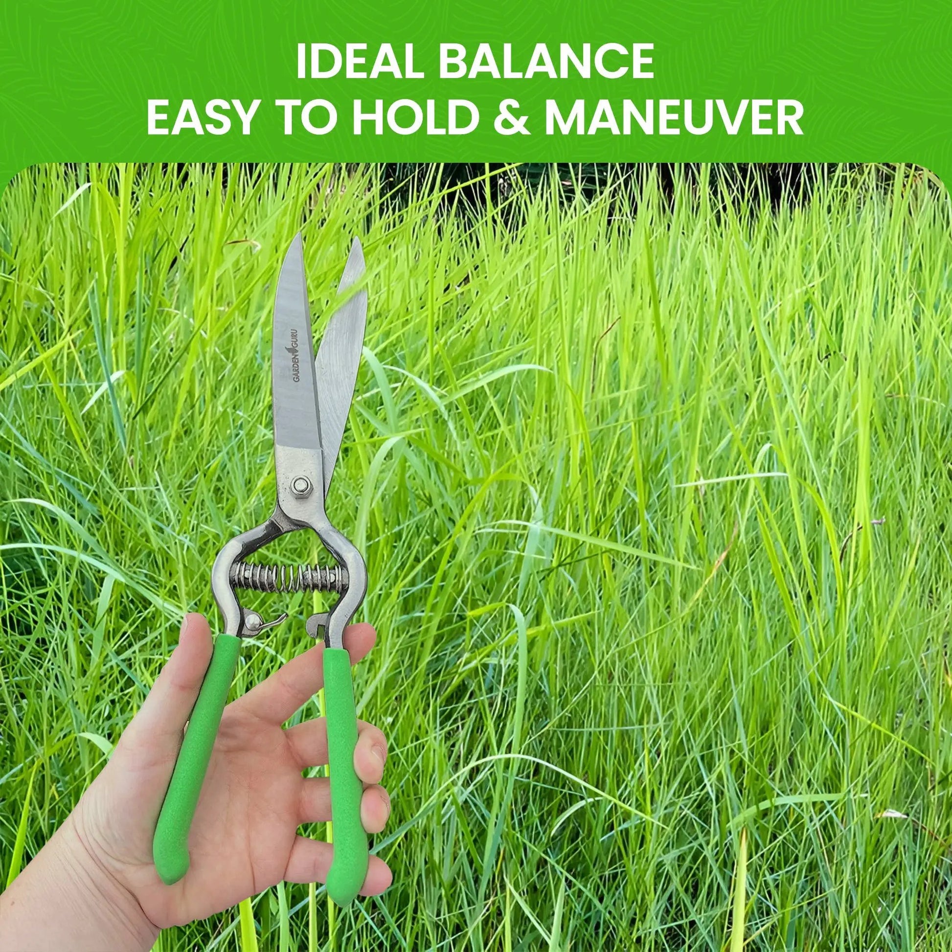 Garden Guru pruners with bright green handles and metal blades in tall grass on Tampa Home & Garden Store