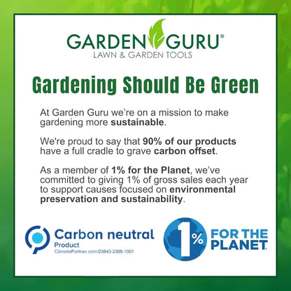 Garden Guru pruning shears sign with green sustainability logos and Gardening Should Be Green on Tampa Home & Garden Store
