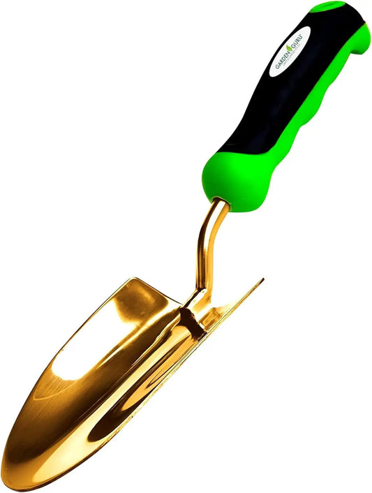Titanium garden trowel with gold blade and neon green handle by Garden Guru on Tampa Home & Garden Store