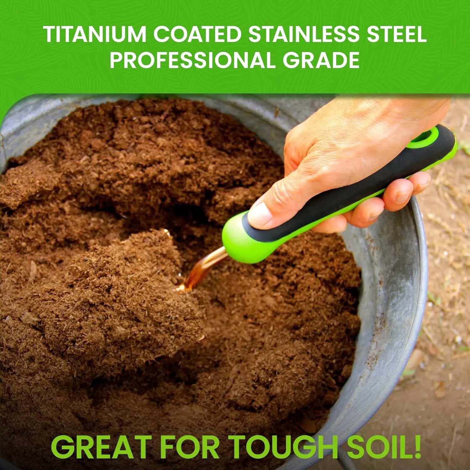 Garden Guru titanium garden trowel with green/black grip for planting and weeding in soil on Tampa Home & Garden Store