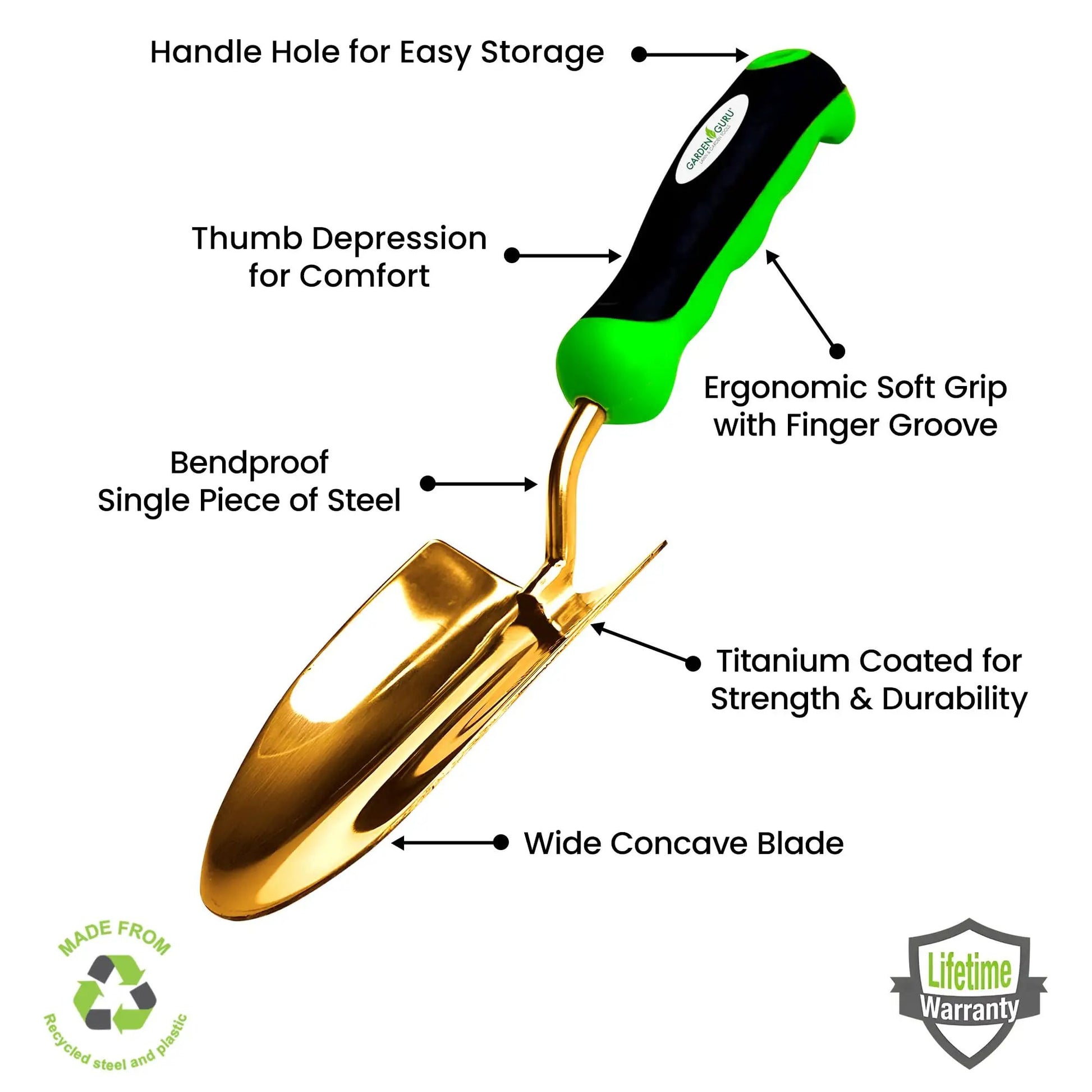 Titanium Garden Trowel by Garden Guru with green/black ergonomic handle and titanium blade on Tampa Home & Garden Store