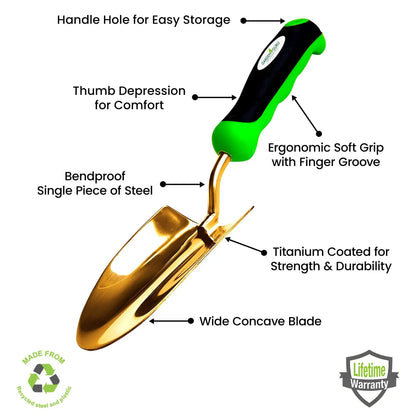 Titanium Garden Trowel by Garden Guru with green/black ergonomic handle and titanium blade on Tampa Home & Garden Store