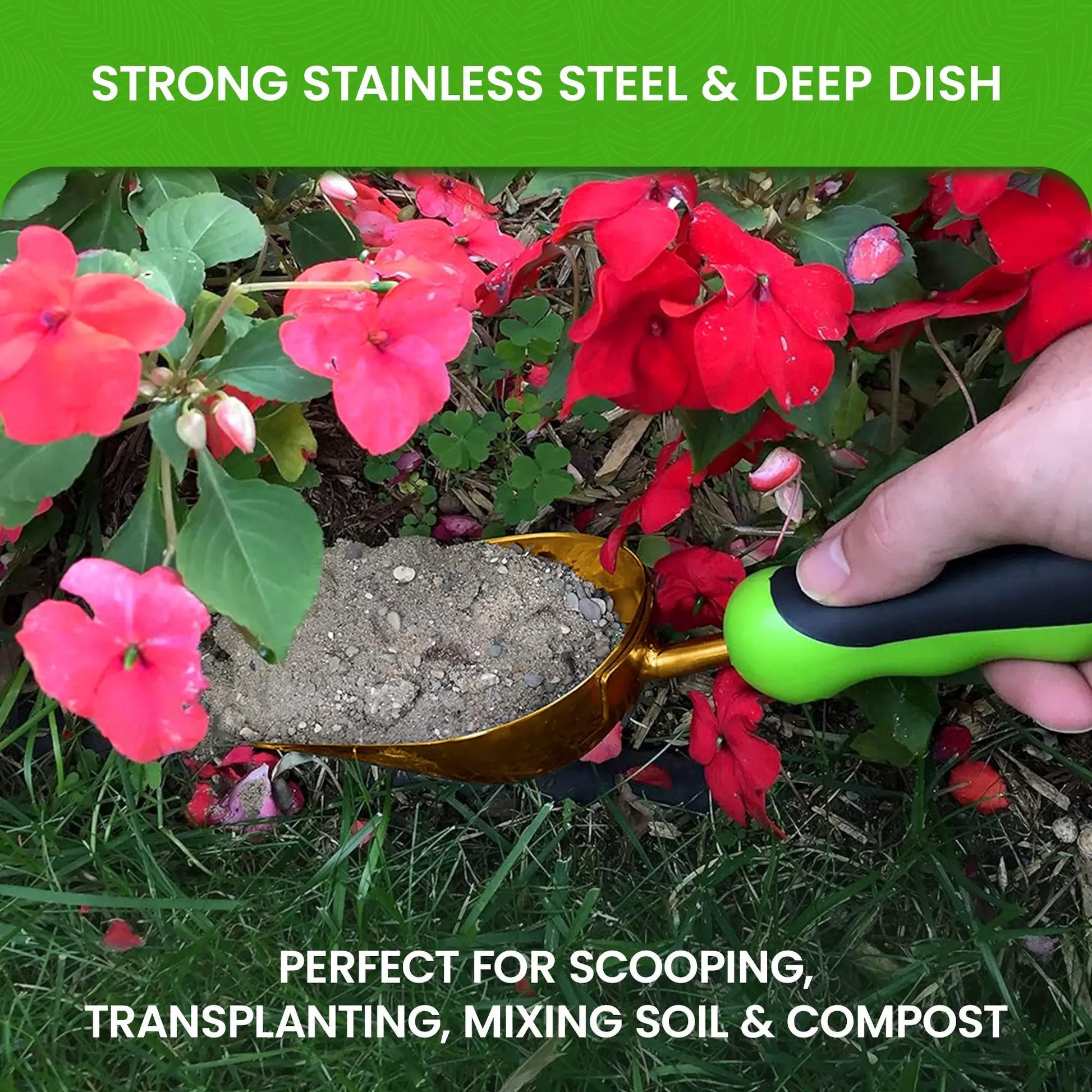 Titanium garden scoop trowel by Garden Guru with green and black handle scooping soil from a pot on Tampa Home & Garden Store