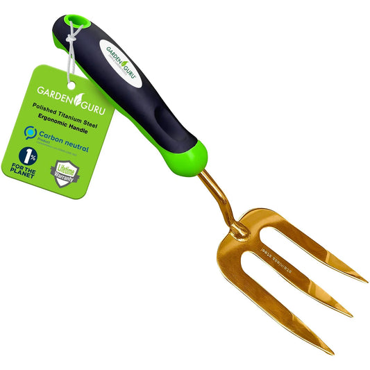 Titanium hand weeder fork Garden Guru with ergonomic green handle on Tampa Home & Garden Store