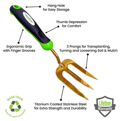 Titanium Hand Weeder Fork by Garden Guru with grip and 3-prong tines for transplanting soil on Tampa Home & Garden Store