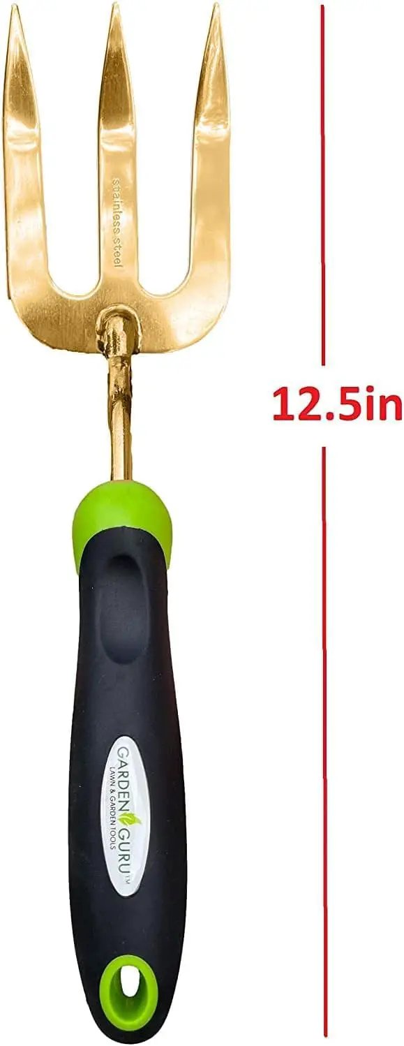 Garden Guru titanium hand weeder fork with black/green handle and three gold tines 12.5in on Tampa Home & Garden Store