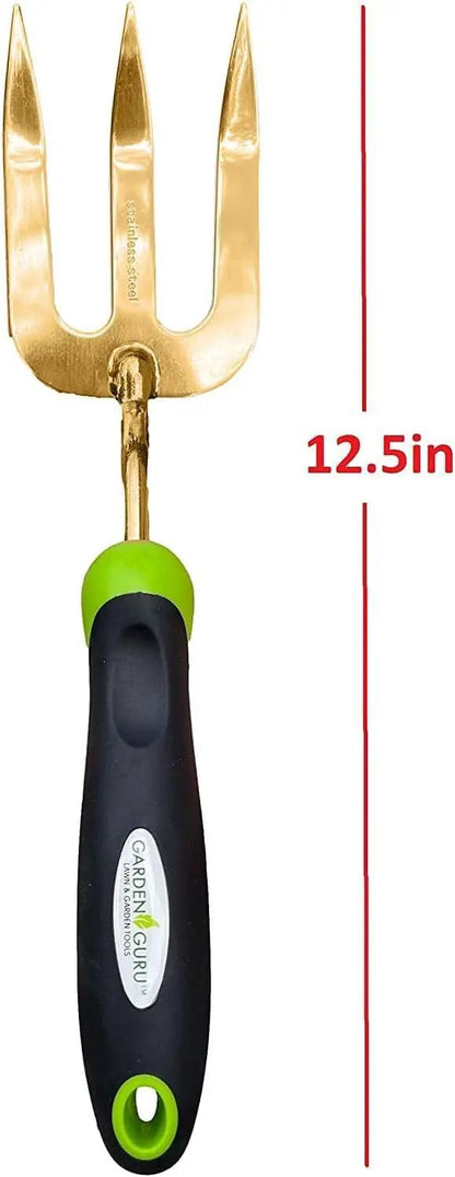 Garden Guru titanium hand weeder fork with black/green handle and three gold tines 12.5in on Tampa Home & Garden Store