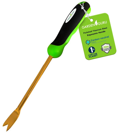 Titanium Dandelion Weeder Tool by Garden Guru, titanium steel with ergonomic green handle on Tampa Home & Garden Store