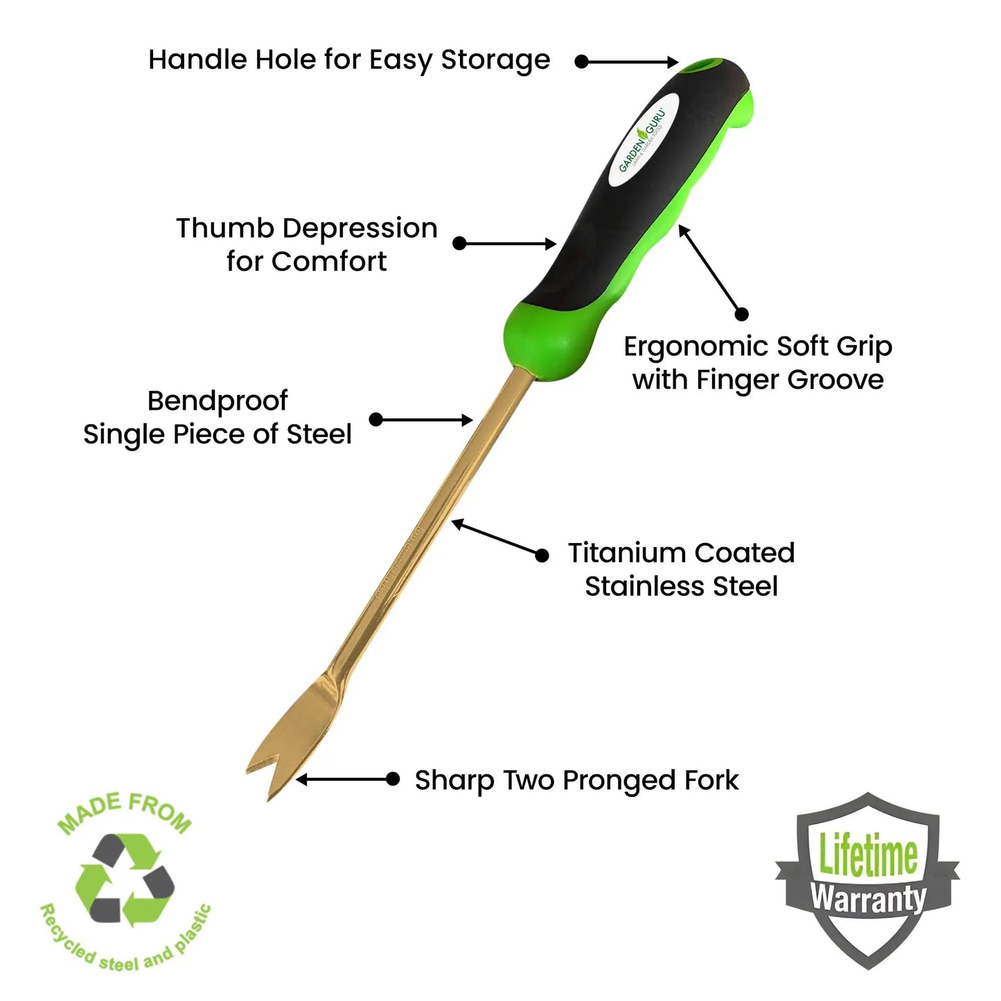 Titanium Dandelion Weeder Tool by Garden Guru with green handle on Tampa Home & Garden Store