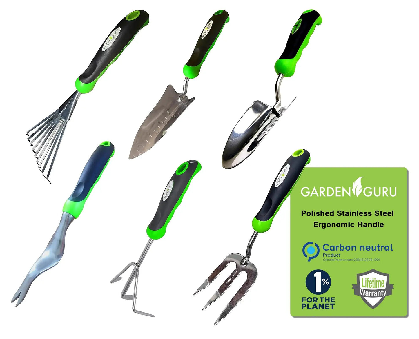 Stainless steel 6pc gardening tool set with green-black ergonomic handles Garden Guru on Tampa Home & Garden Store