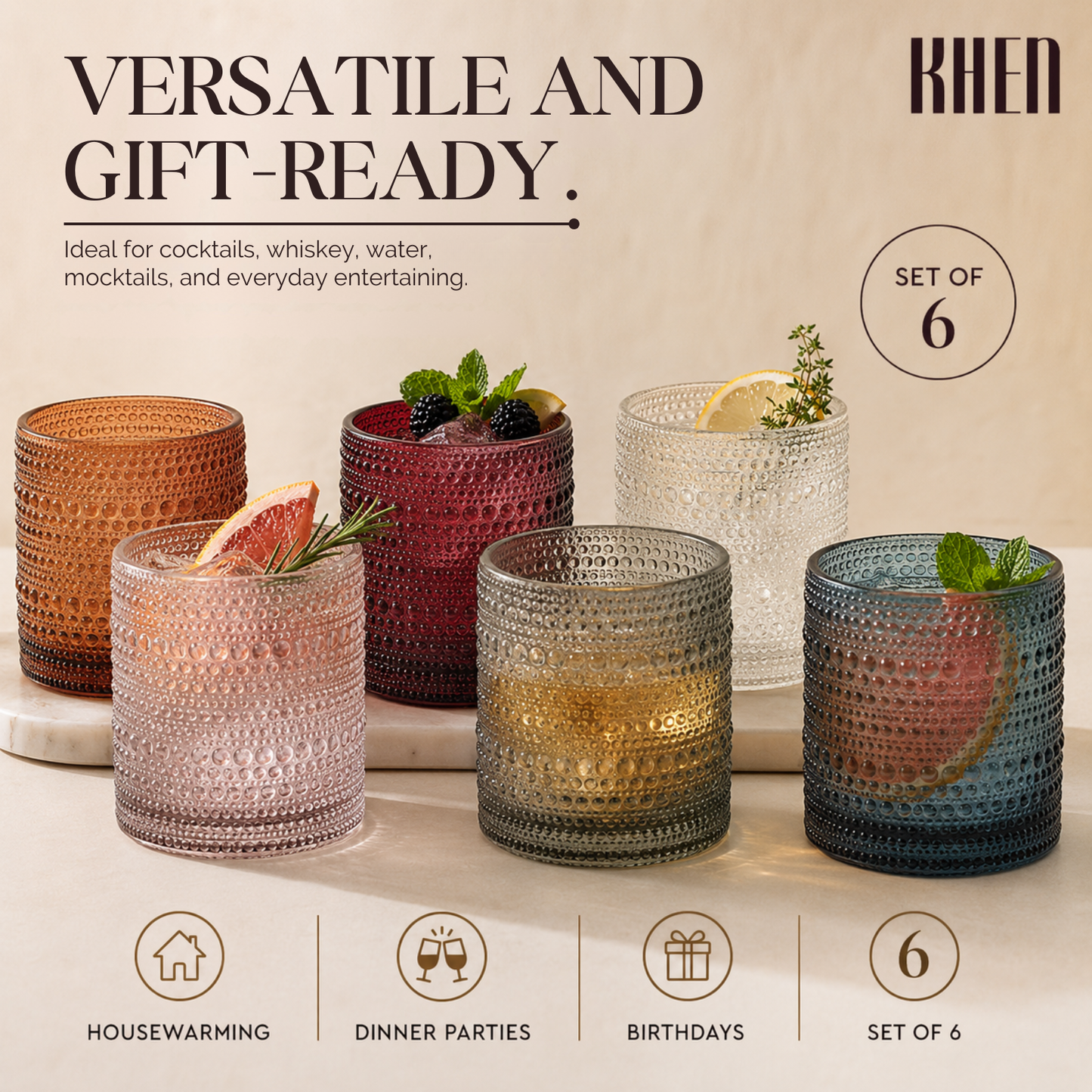 Spring Tonal Hobnail Lowball Glasses Set of 6