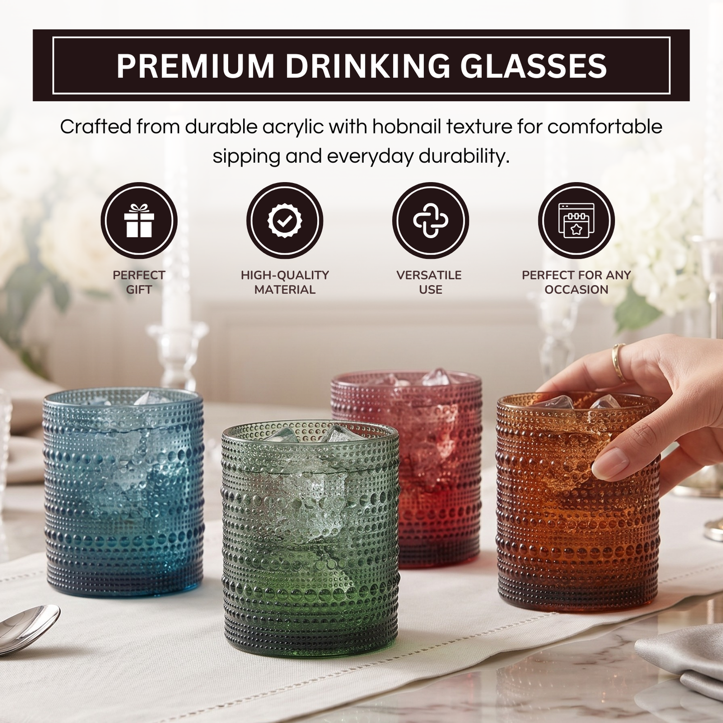 Eze Acrylic Hobnail Lowball Glasses Set of 4