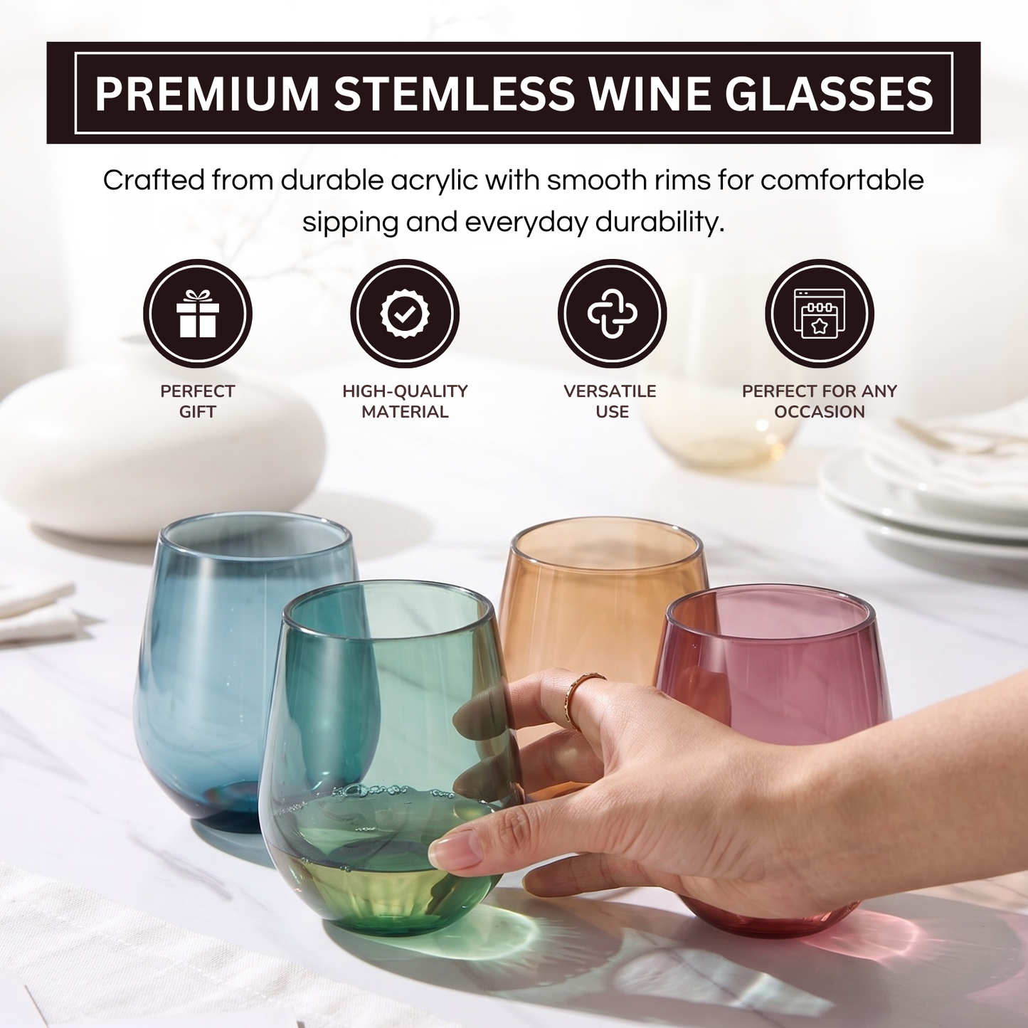 Eze Acrylic Stemless Wine Glass Set of Four