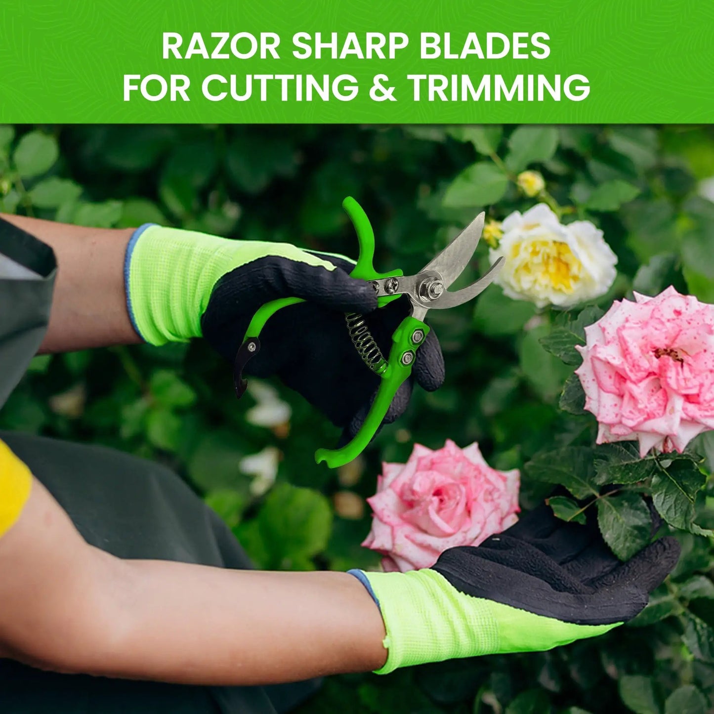 Ergo Garden Snips curved blade pruning shears held by gloved hand pruning roses on Tampa Home & Garden Store