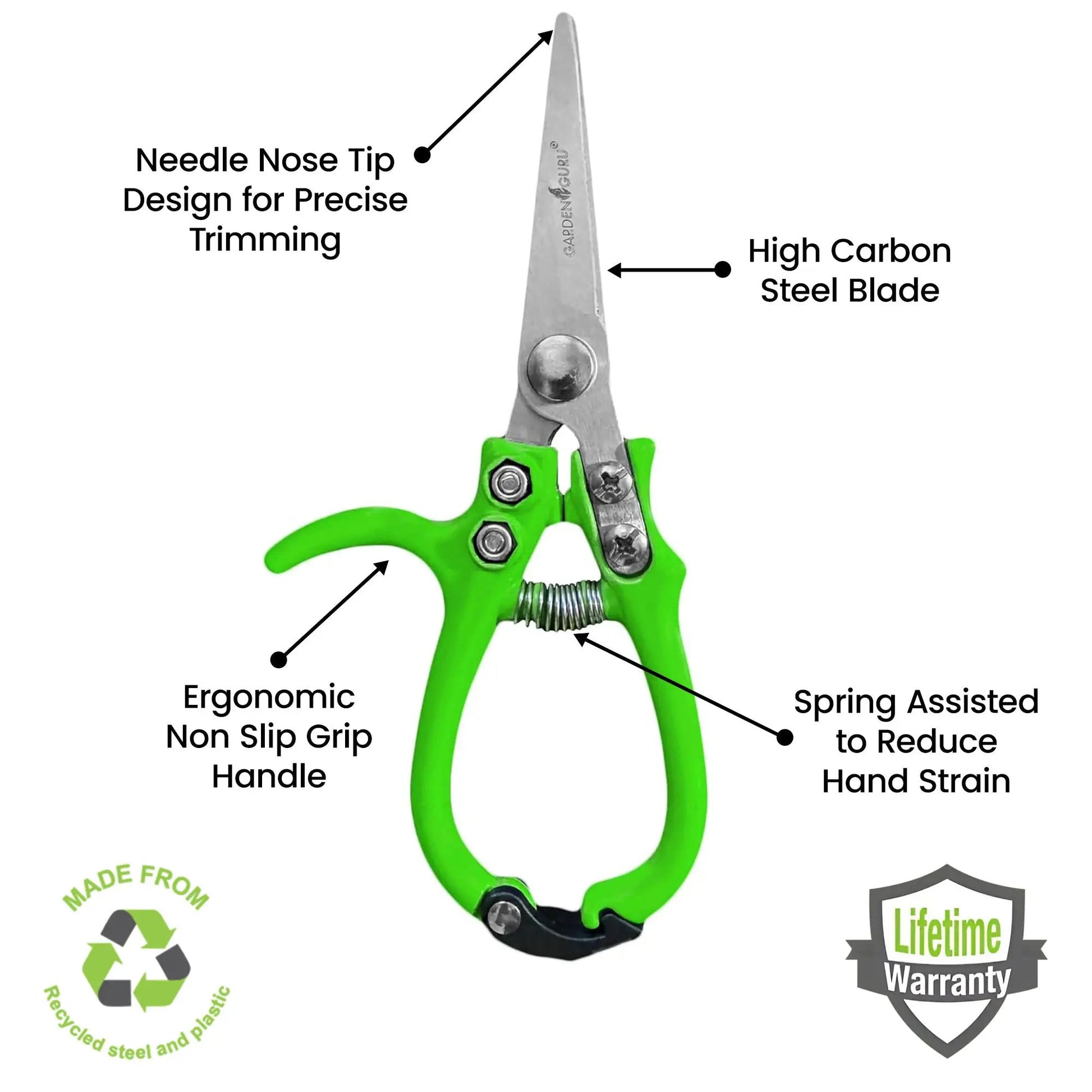 Garden Guru ergonomic pruning snips with green non-slip grip and high carbon steel blade on Tampa Home & Garden Store