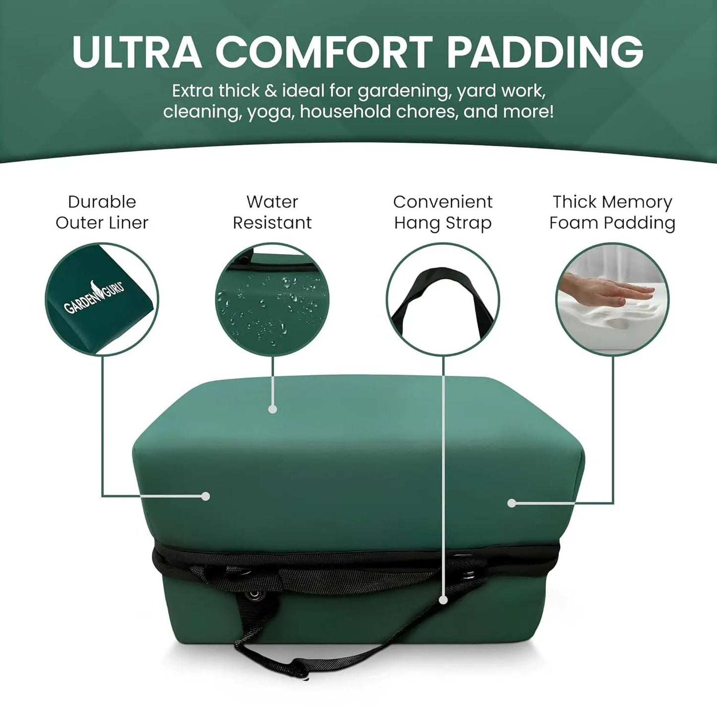 Extra Thick Garden Kneeler Pad Ultra Soft Foam by Garden Guru, green durable outer liner on Tampa Home & Garden Store