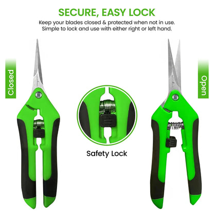 Garden Micro Snips pruning shears by Garden Guru, bright green handles, dual blades, 2-pack on Tampa Home & Garden Store