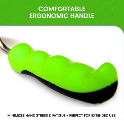 Garden Guru weeding fork with bright green ergonomic handle for dandelion removal on Tampa Home & Garden Store