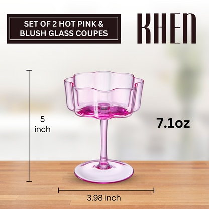 Flower Wave Coupe Glasses Hot Pink and Blush Set