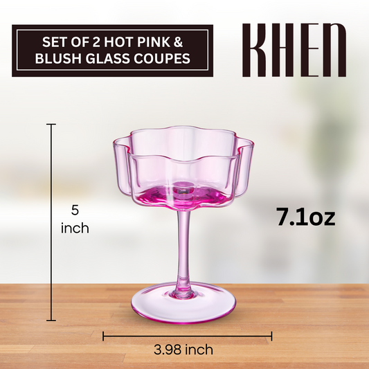 Flower Wave Coupe Glasses Hot Pink and Blush Set