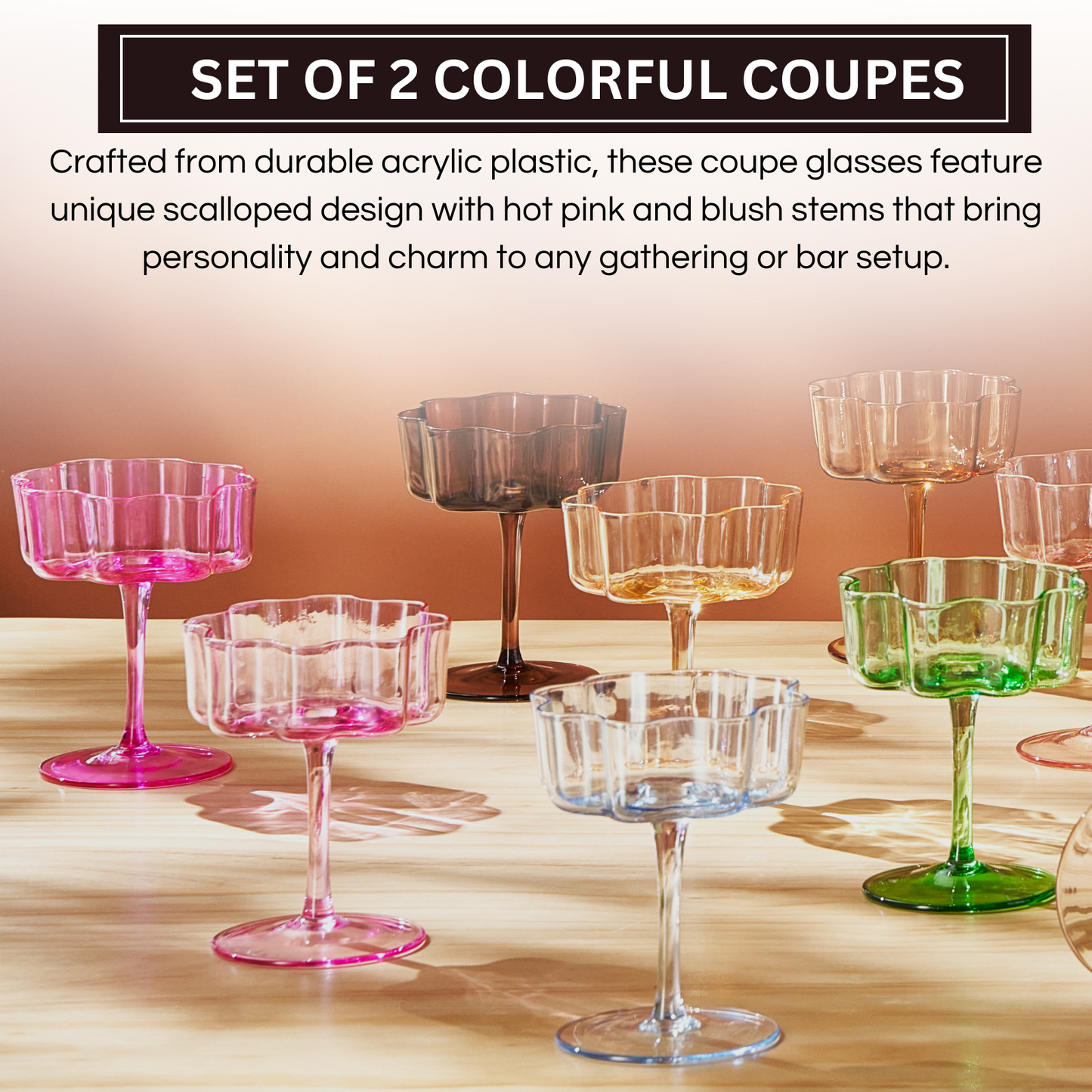 Flower Wave Coupe Glasses Hot Pink and Blush Set