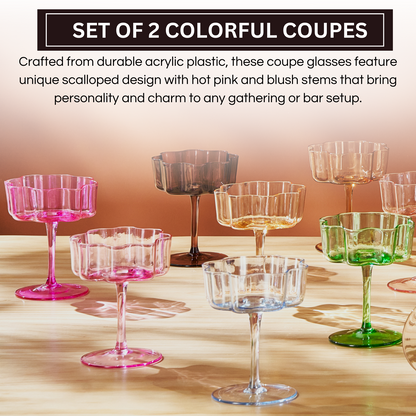 Flower Wave Coupe Glasses Hot Pink and Blush Set