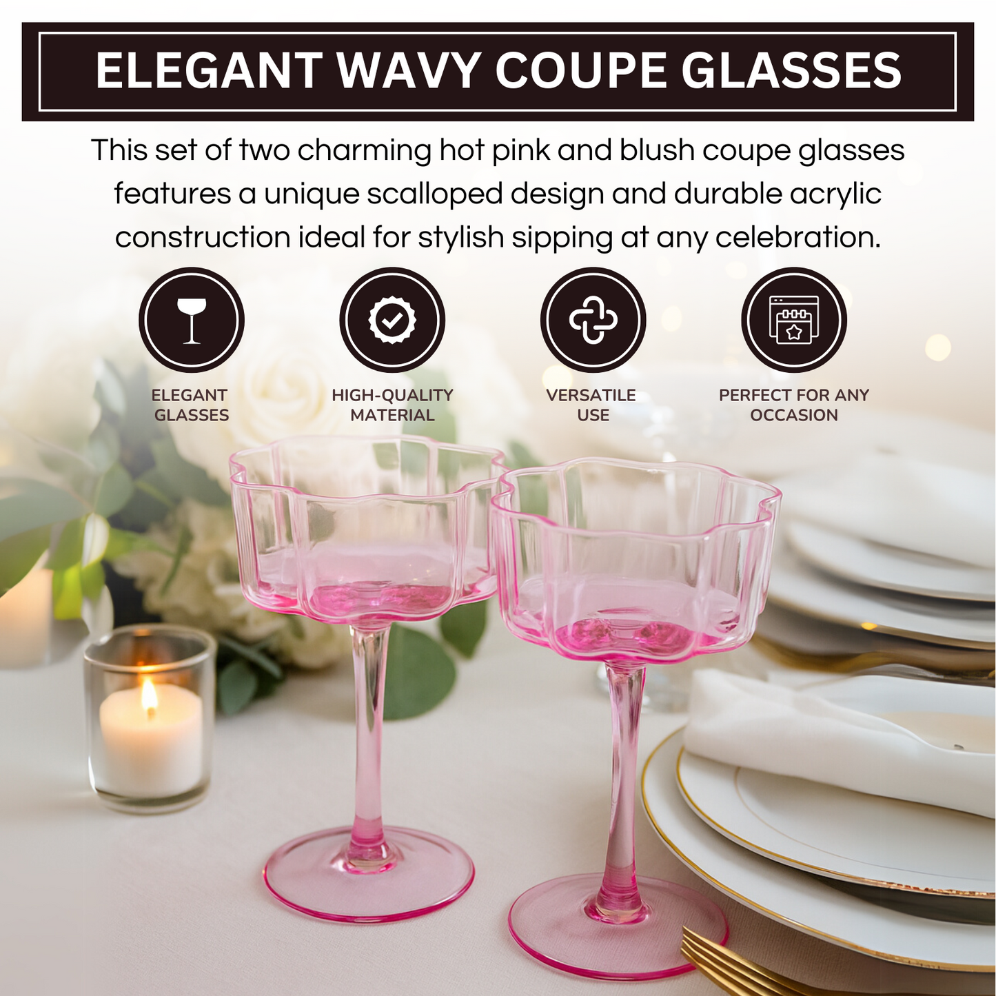 Flower Wave Coupe Glasses Hot Pink and Blush Set