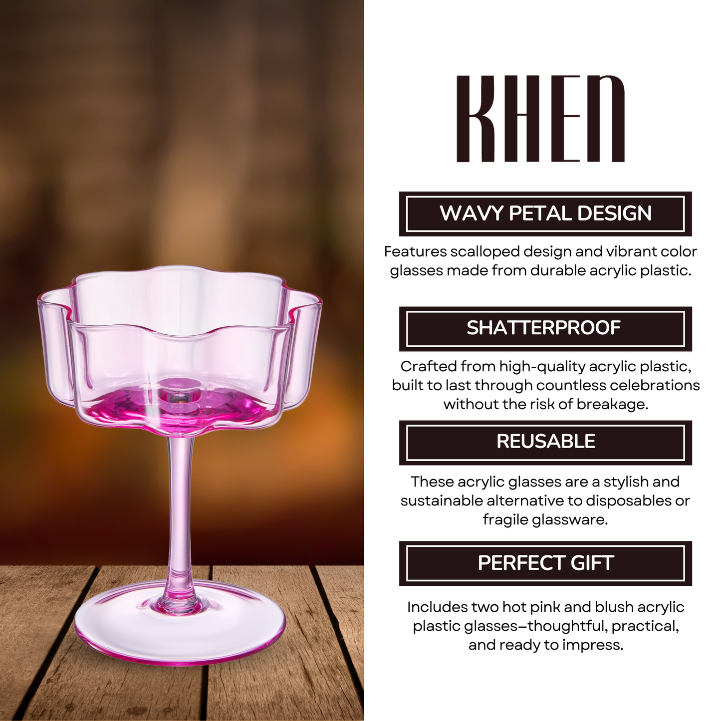 Flower Wave Coupe Glasses Hot Pink and Blush Set