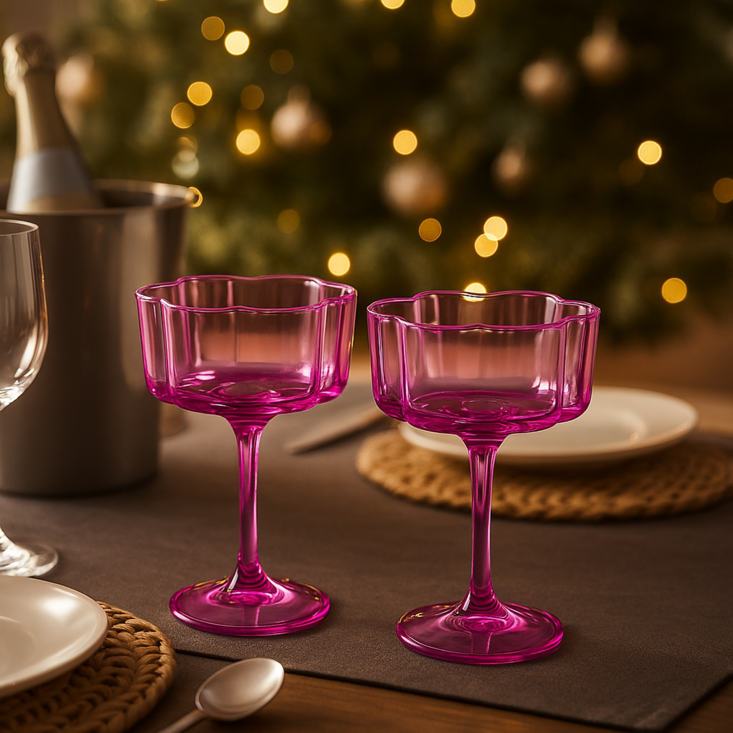 Flower Wave Coupe Glasses Hot Pink and Blush Set
