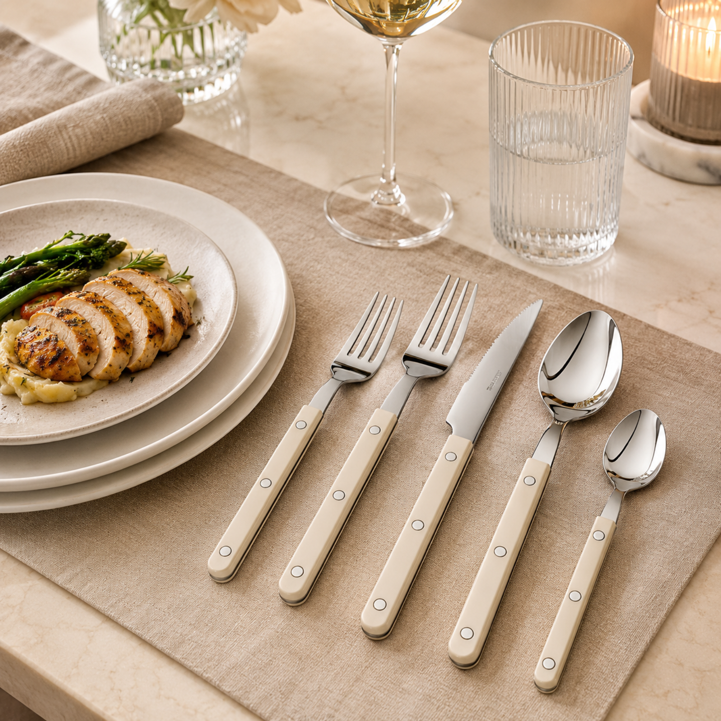 Khen Cream Set and 20 Stainless Steel Flatware