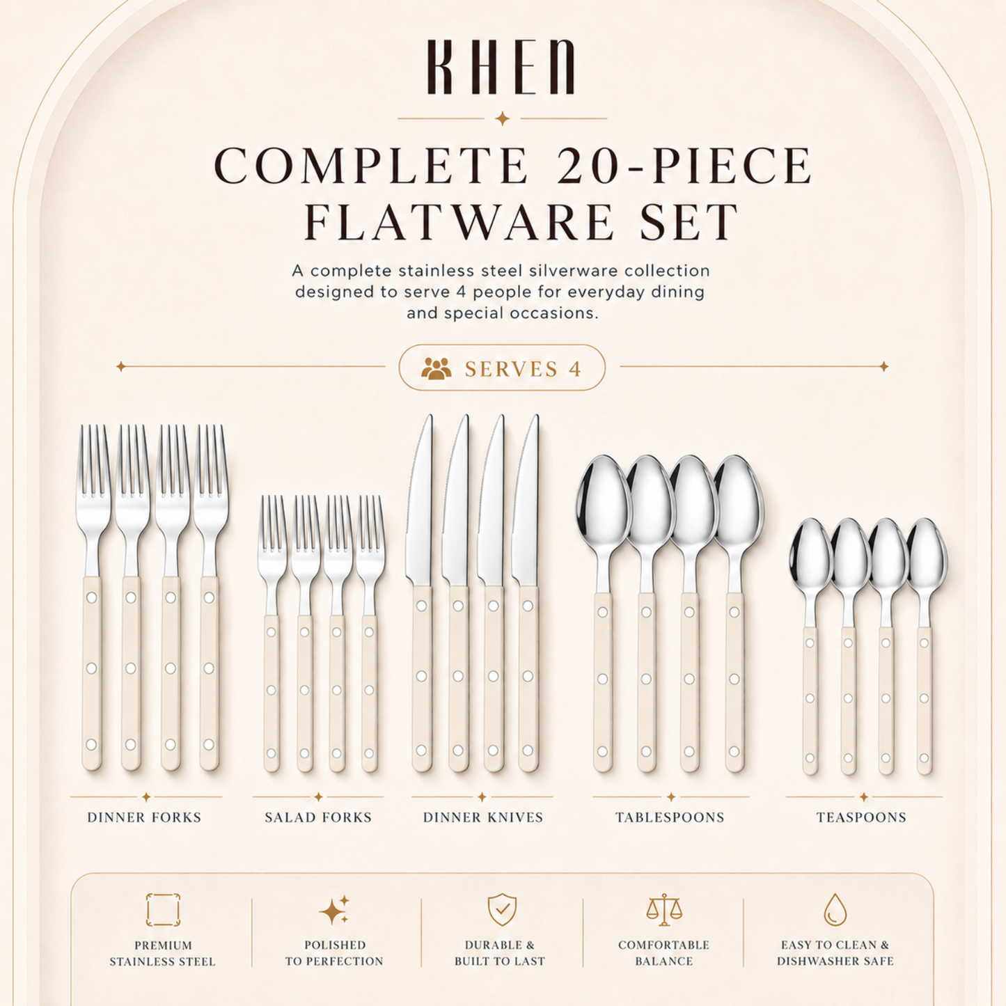 Khen Cream Set and 20 Stainless Steel Flatware