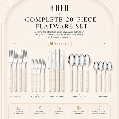 Khen Cream Set and 20 Stainless Steel Flatware