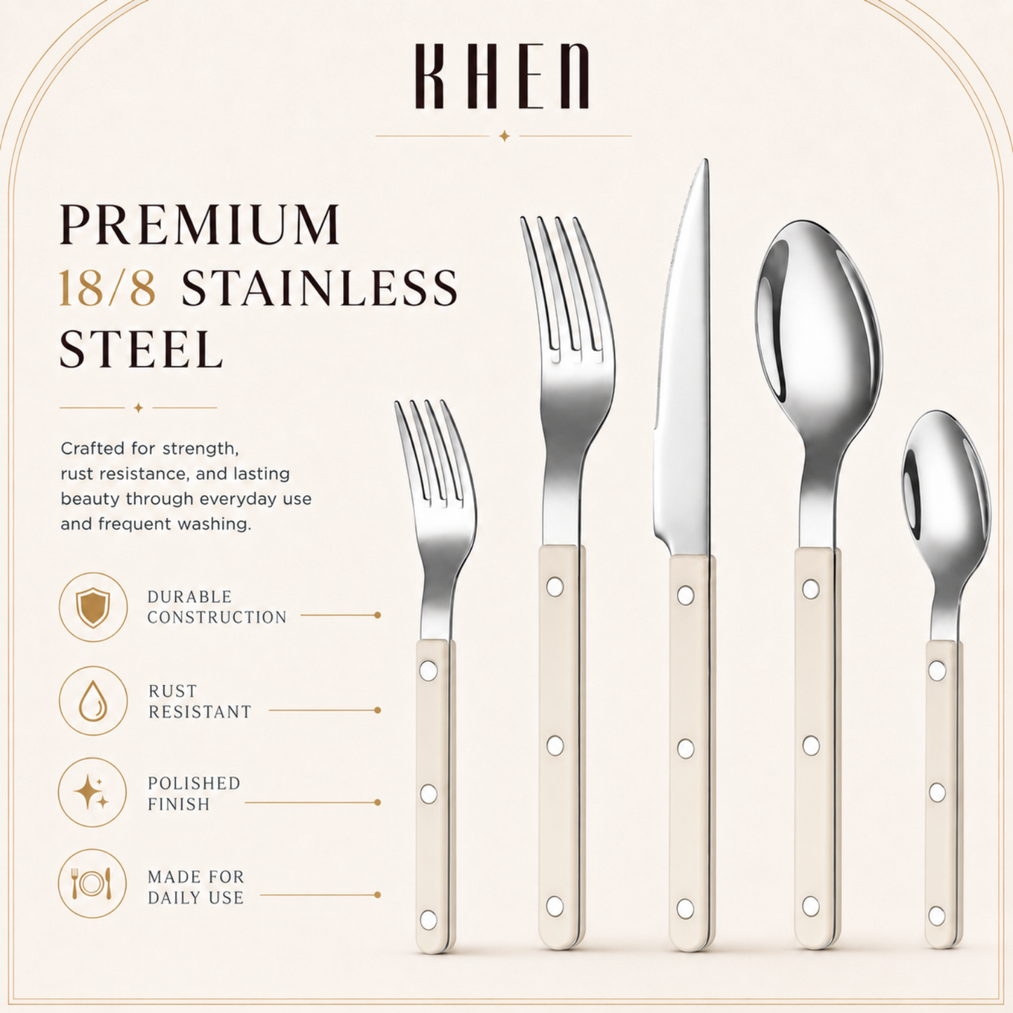 Khen Cream Set and 20 Stainless Steel Flatware