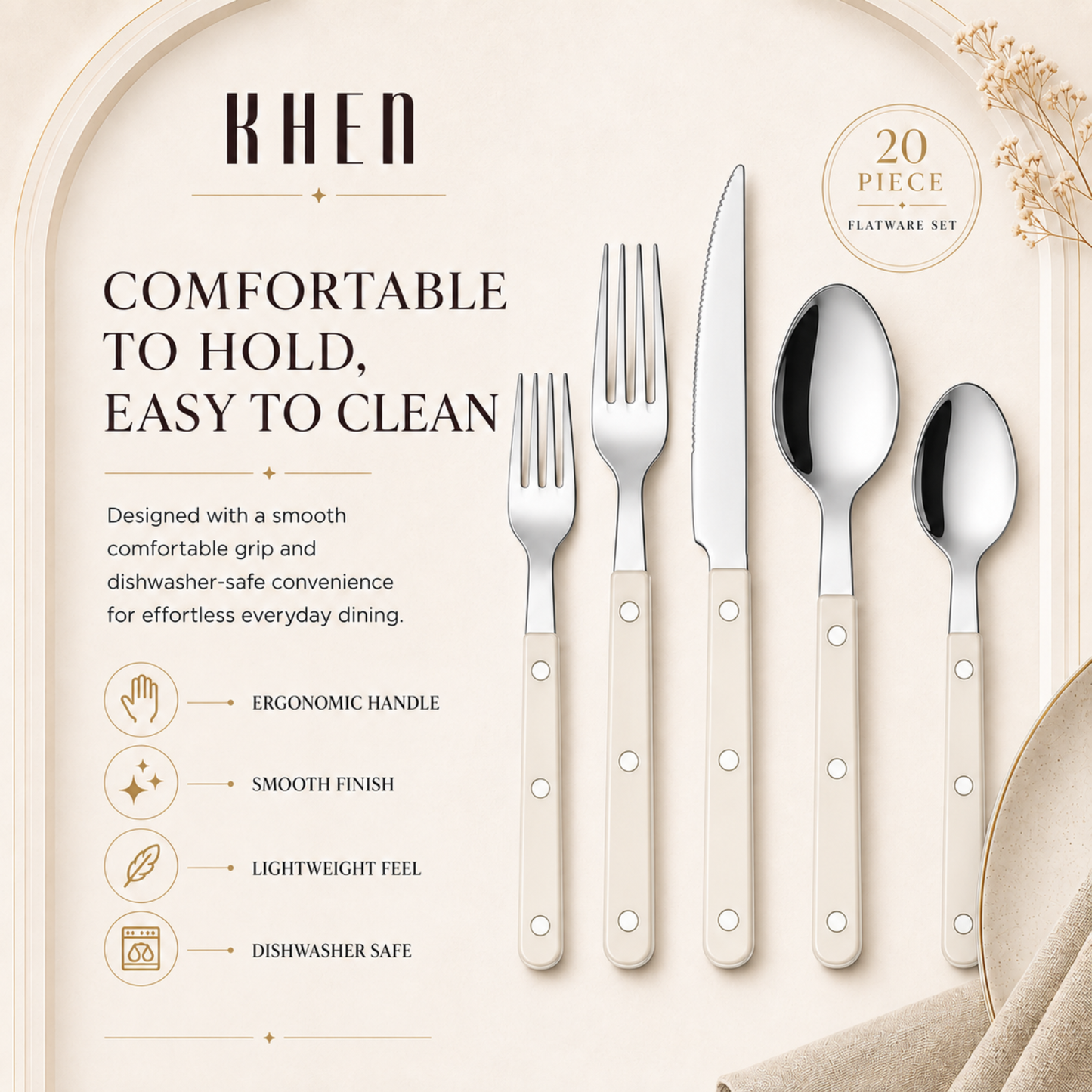 Khen Cream Set and 20 Stainless Steel Flatware