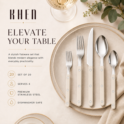 Khen Cream Set and 20 Stainless Steel Flatware